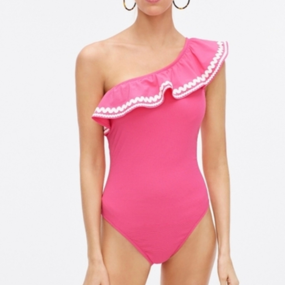J. Crew One-Shoulder Pink Swimsuit - Size 8 | Ruffle Pool Beach